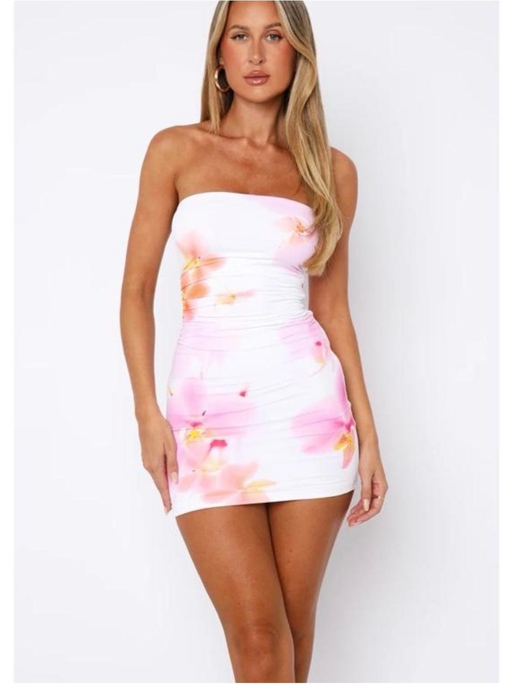 White Fox Boutique Strapless Mini Dress with Pink Floral Accents